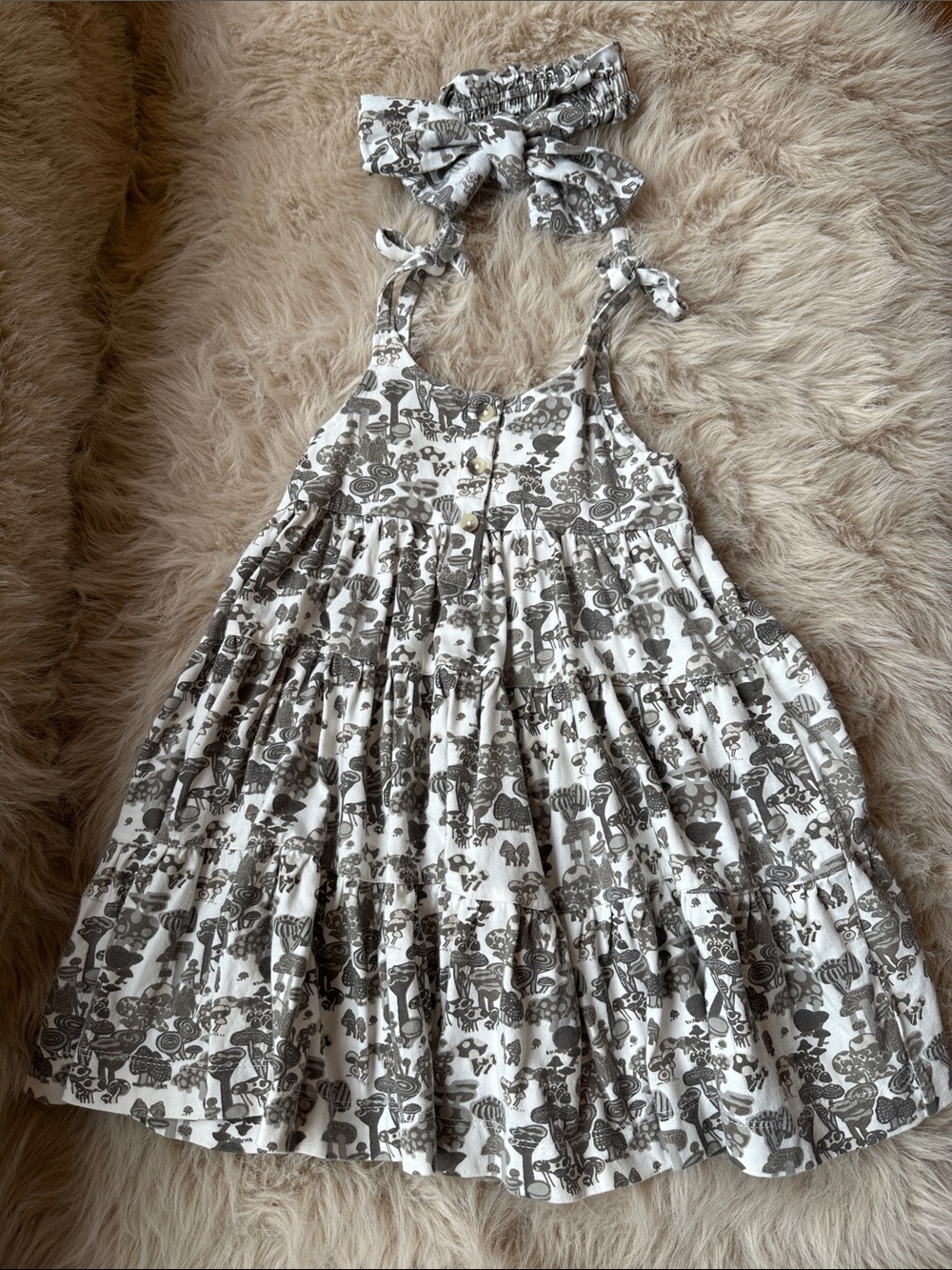 Kate Quinn Cream & Gray Mushroom Print Sundress with Headband